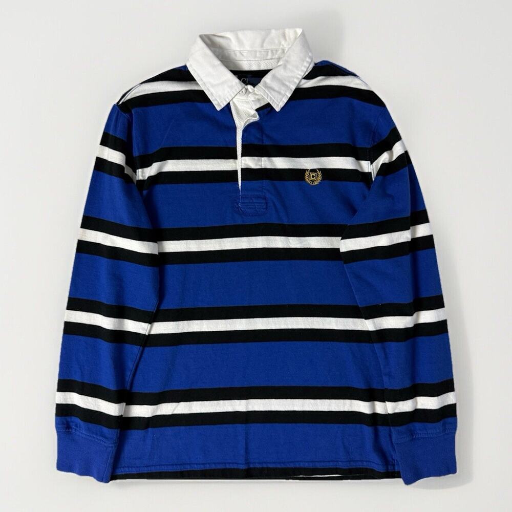 Chaps Rugby Polo Shirt Youth 10-12 M Blue Crest Collar Striped Retro Sport Prep